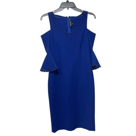 Teri Jon by Rickie Freeman Cold Shoulder Sheath Dress in Royal Blue Size 2 - Picture 3 of 12